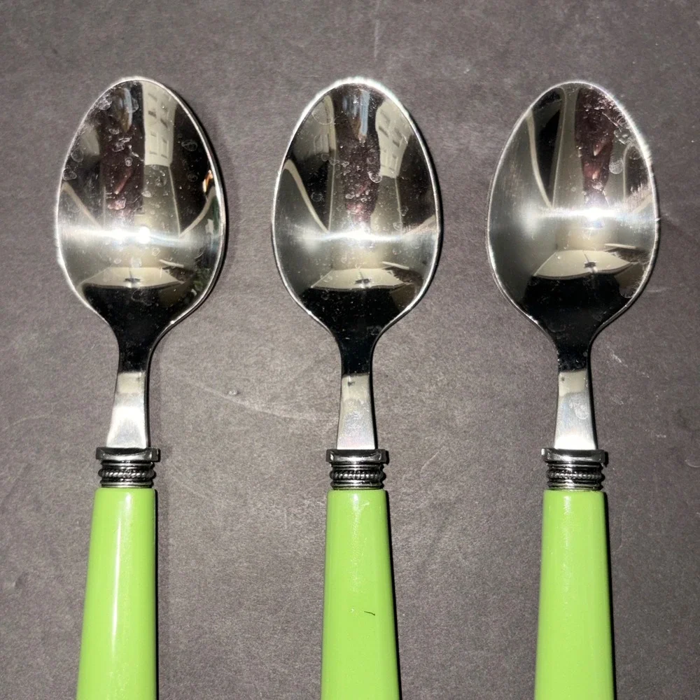Set/4 Stainless Steel Teaspoons Light Green Resin Handle Silver Bolster 6.25in